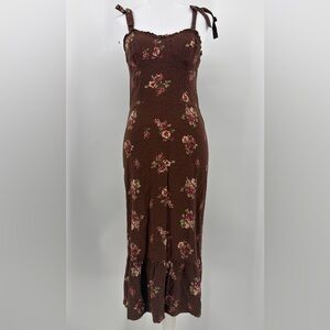 Mimi Chica Brown Floral Midi Dress Size M Tie Strap Cottagecore